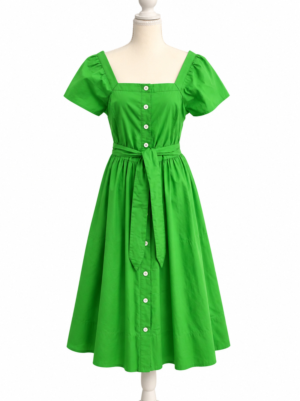 J.Crew Green Cotton Midi Dress Size 6 Square Neck Button Front Belted
